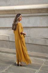 VESTIDO VIOLETA AMARELO MOSTARDA