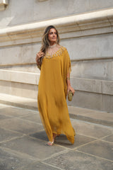 VESTIDO VIOLETA AMARELO MOSTARDA
